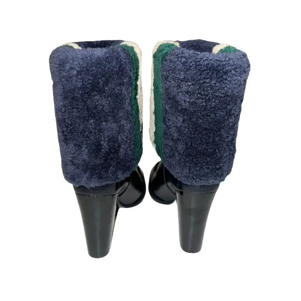 Tory Burch Bamford 100mm Navy Lamb Fur Block Heel Booties 7M